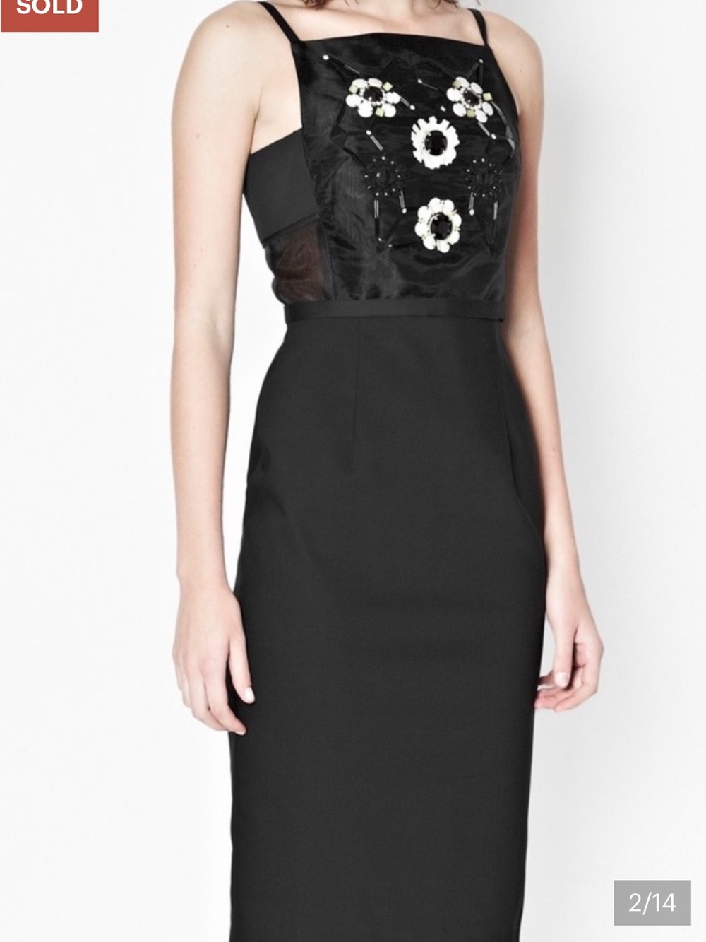 🪩French Connection Black Midi Sheath Dress White Floral Bead Accent US 2